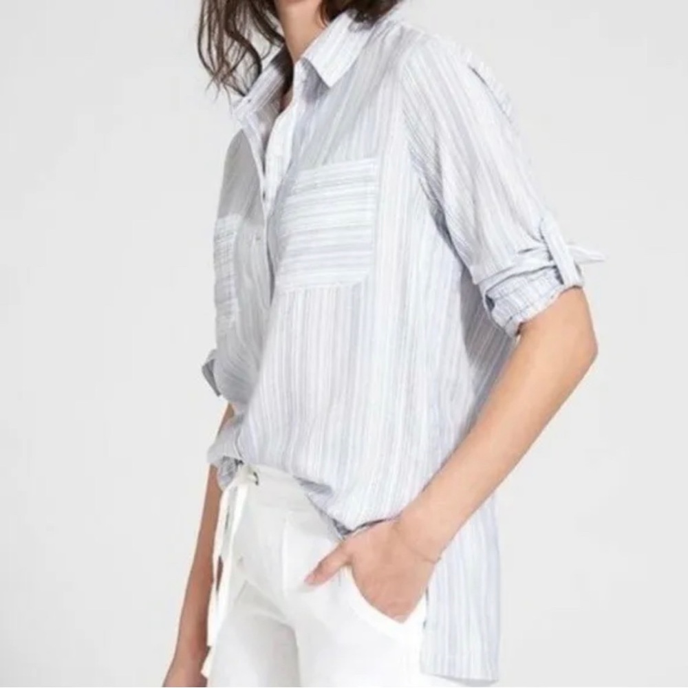 Athleta Light Blue and White Striped Button-Up Shirt